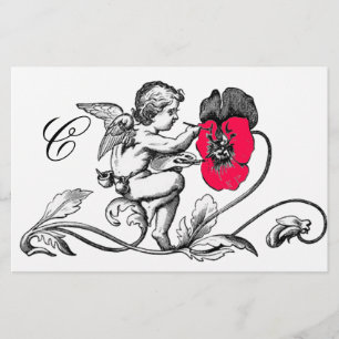 ÄNGEL MÅLAR EN ROSA BLOMMA MONOGRAM BREVPAPPER