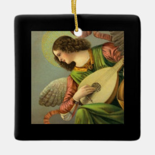 Ängel målning med mandolin julgransprydnad keramik