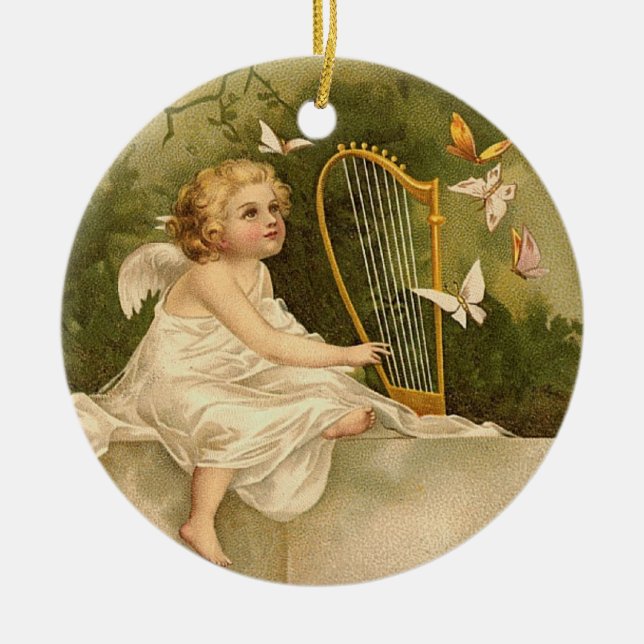 Angel med Harp och Butterflies Julgransprydnad Keramik (Framsidan)
