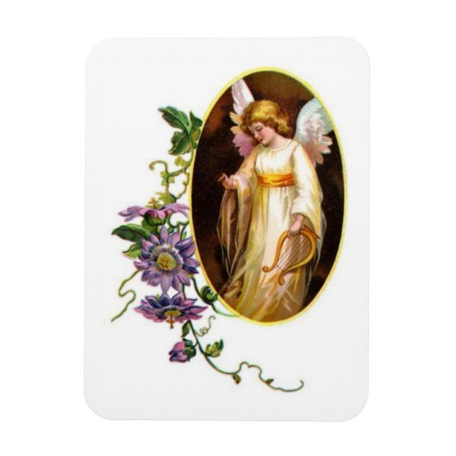 Ängel med harpa och klematisblommor magnet (Vertikal)