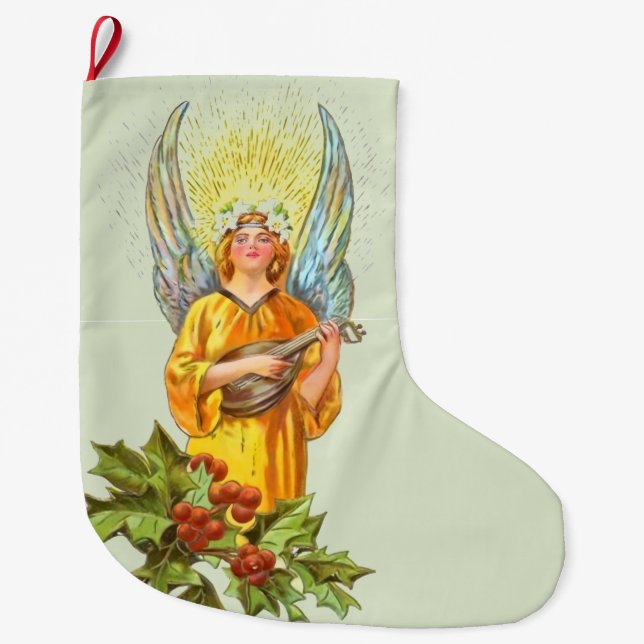 Ängel med holly och mandolin  stor julstrumpa (Framsidan)