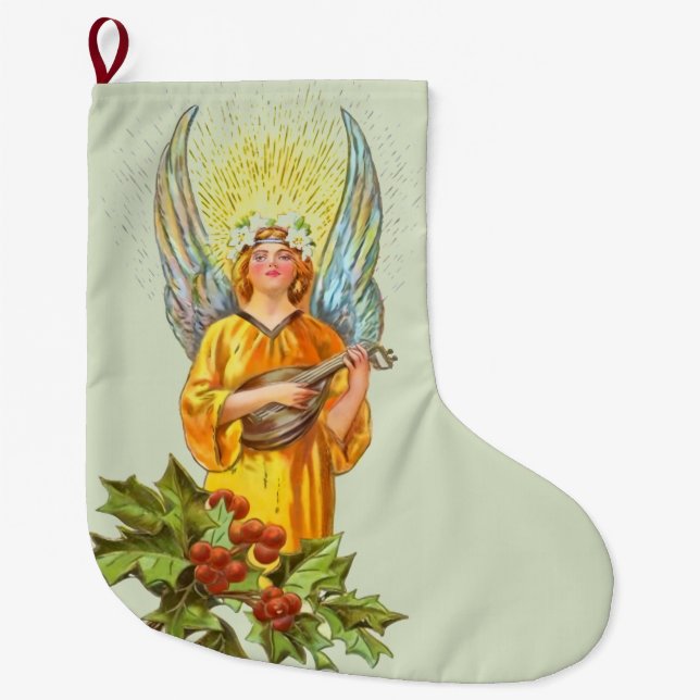 Ängel med julhagtorn och mandolin  stor julstrumpa (Framsidan)