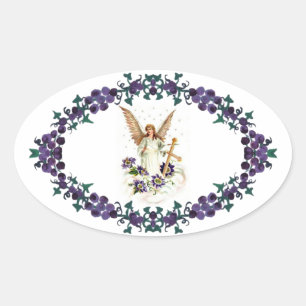 Angel med Kor och Clematis-blommor Ovalt Klistermärke