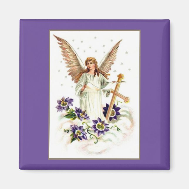 Angel med Kor och Clematis Flowers Magnet (Framsidan)