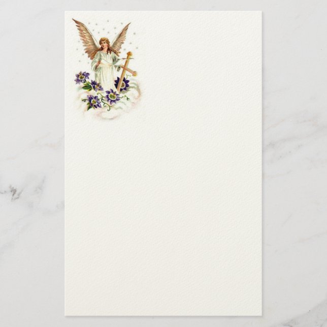 Ängel med kors och klematisblommor brevpapper (Framsida)