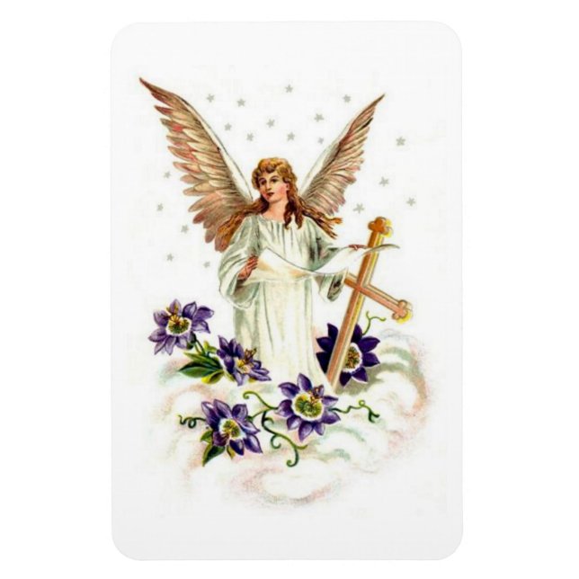 Ängel med kors och Klematisblommor Magnet (Vertikal)
