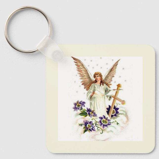 Ängel med kors och Klematisblommor Nyckelring (Framsida)