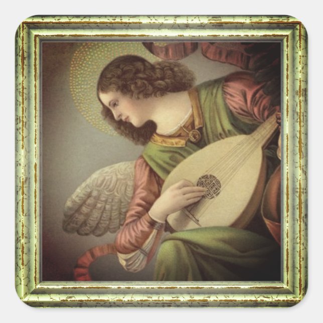 Angel med Mandolin Fyrkantigt Klistermärke (Framsida)