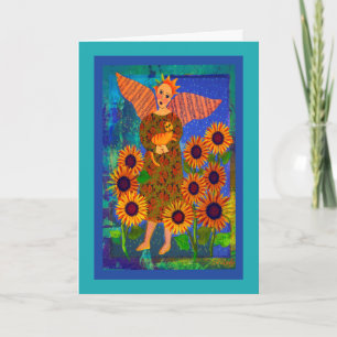 Angel med Orange Tabby katt och solblommor Kort