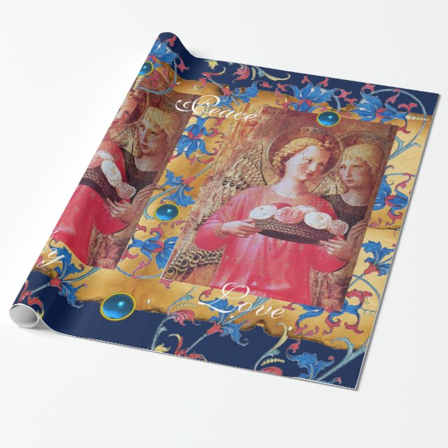 ANGEL MED RO, BLUE BLOMMIGT CHRISTMAS PARCHMENT PRESENTPAPPER (Utrullad)