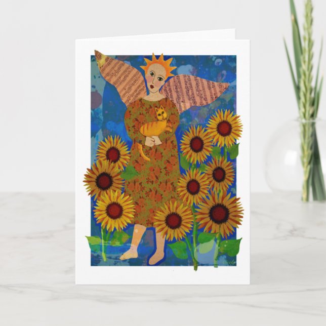 Angel med Tabby katt och solblommor Anteckningskort (Framsida)