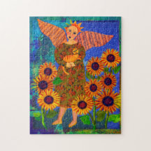 Angel med Tabby katt och solrosor 11x14 Pussel