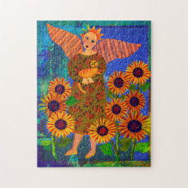 Angel med Tabby katt och solrosor 11x14 Pussel