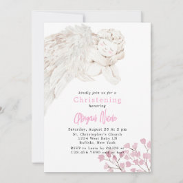 Angel med Vingar Rosa Blommigt Baptism Inbjudningar