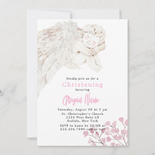 Angel med Vingar Rosa Blommigt Baptism Inbjudningar
