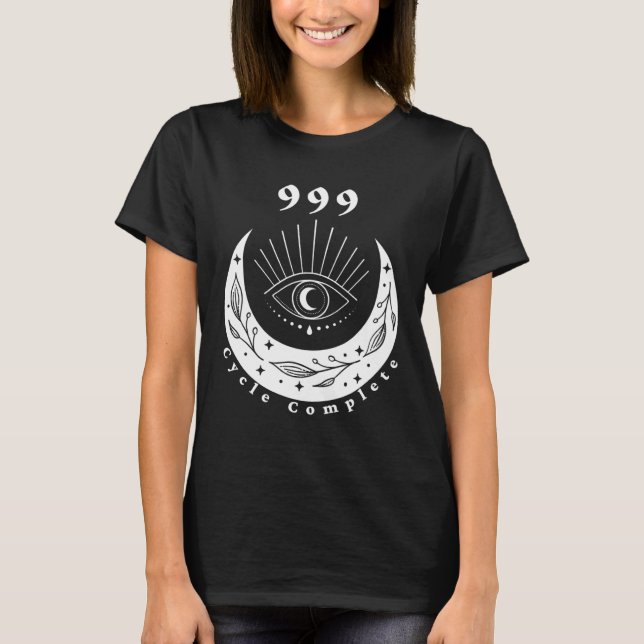 Angel Number 999 Cycle Complete The Eye Moon T Shirt (Framsida)