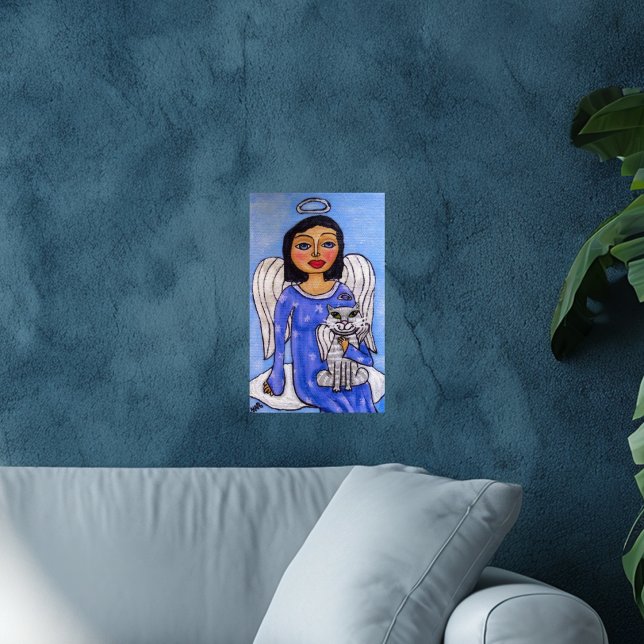 Angel och katt på ett moln poster (Angel blue dress on cloud holding white angel cat on sky blue art wall poster.)