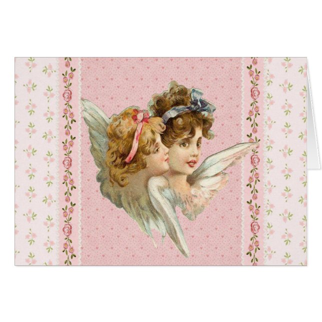 Ängel på blommig bakgrund för rosor hälsningskort (Framsidan Horizontal)