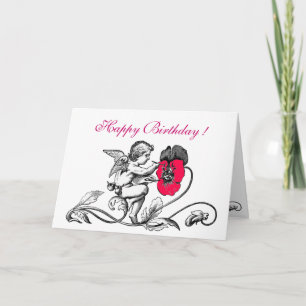ANGEL PAINING A ROSA FLOWER BIRTHDAY KORT