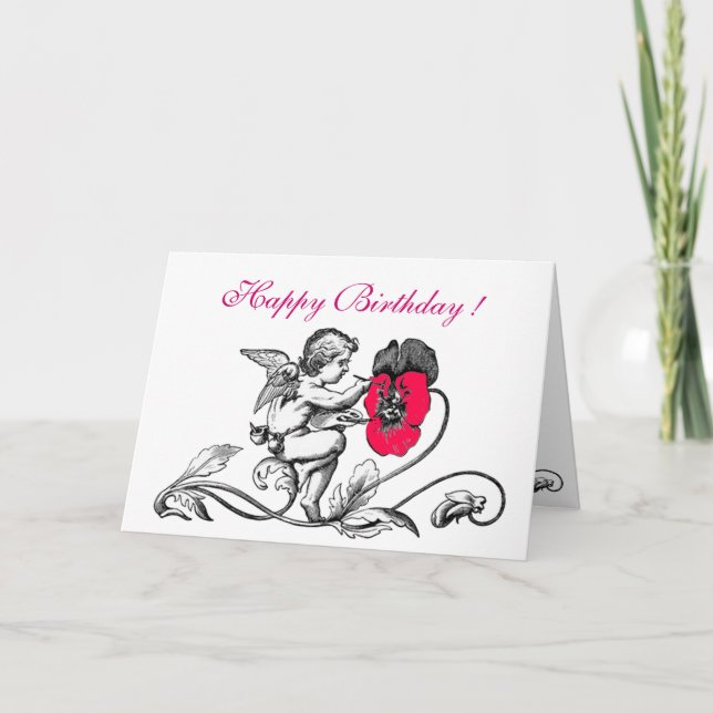 ANGEL PAINING A ROSA FLOWER BIRTHDAY KORT (Framsida)