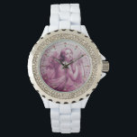 ANGEL PLAYING LYRA ÖVER NEDLÄGGNINGENS Rosa Armbandsur<br><div class="desc">Elegantens utformning med vibrerande 3D-rosa lila amethyst-gem-sten. Konstgjord och klassisk vattenfärgsmålning i vit rosa färg,  som har omarbetats från 1800-talets italienska bra art.</div>