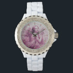 ANGEL PLAYING LYRA ÖVER NEDLÄGGNINGENS Rosa Armbandsur<br><div class="desc">Elegantens utformning med vibrerande 3D-rosa lila amethyst-gem-sten. Konstgjord och klassisk vattenfärgsmålning i vit rosa färg,  som har omarbetats från 1800-talets italienska bra art.</div>