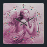 ANGEL PLAYING LYRA ÖVER NEDLÄGGNINGENS Rosa Fyrkantig Klocka<br><div class="desc">Konstgjord och klassisk vattenfärgsmålning med vita antika kärnstenar av rosa fuchsia,  omformade från 1800-talets italienska bra</div>