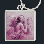 ANGEL PLAYING LYRA ÖVER NEDLÄGGNINGENS rosa Fyrkantig Silverfärgad Nyckelring<br><div class="desc">Konstgjord och klassisk vattenfärgsmålning i vit rosa lila färg,  omformad från 1800-talets italienska bra art</div>
