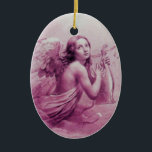ANGEL PLAYING LYRA ÖVER NEDLÄGGNINGENS rosa Julgransprydnad Keramik<br><div class="desc">Konstgjord och klassisk vattenfärgsmålning i vit antika rosa fuchsia färg,  omformad från 1800-talets italienska bra art</div>