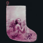 ANGEL PLAYING LYRA ÖVER Rosa Monogram ÖVER NEDLÄGG Liten Julstrumpa<br><div class="desc">Konstgjord och klassisk vattenfärgsmålning i rosa lila vit färg,  omformad från 1800-talets italienska bra</div>