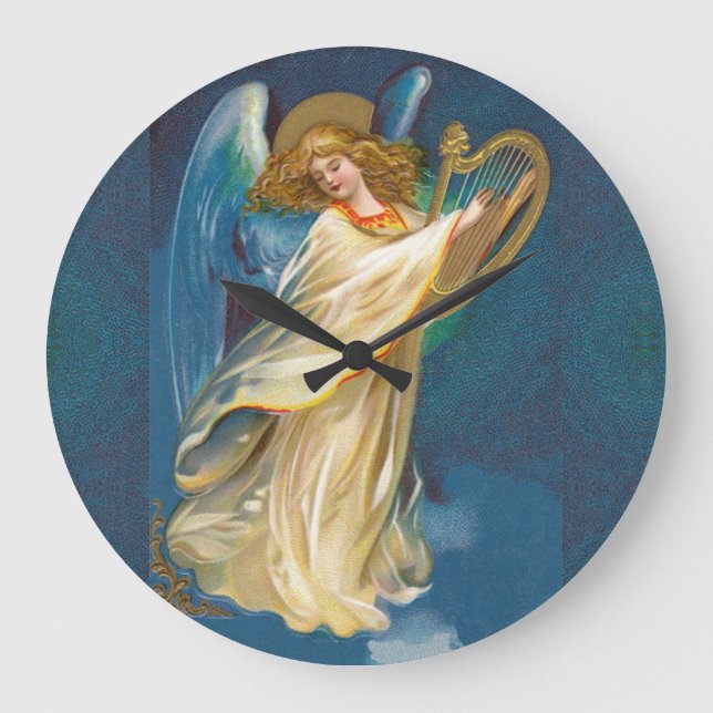 Angel Playing Music On A Harp Large Clock Stor Klocka (Framsida)