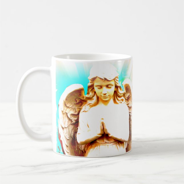 Angel Praying Aqua Blå himmel Andlig Coffee Mugg (Vänster)