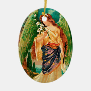 Angel som håller en blommigt gren julgransprydnad keramik