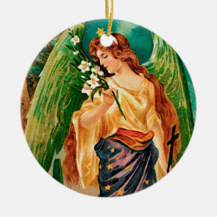 Angel som håller en blommigt gren julgransprydnad keramik