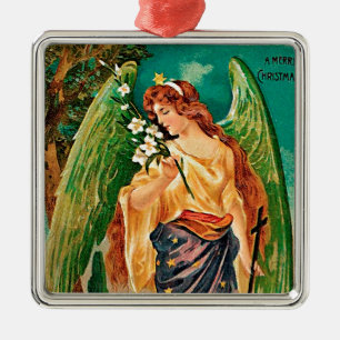 Angel som håller en blommigt gren julgransprydnad metall