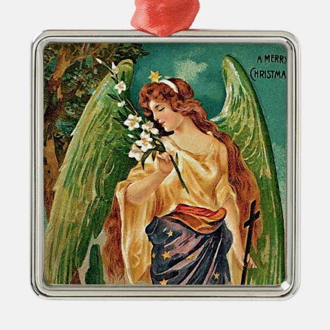 Angel som håller en blommigt gren julgransprydnad metall (Framsidan)
