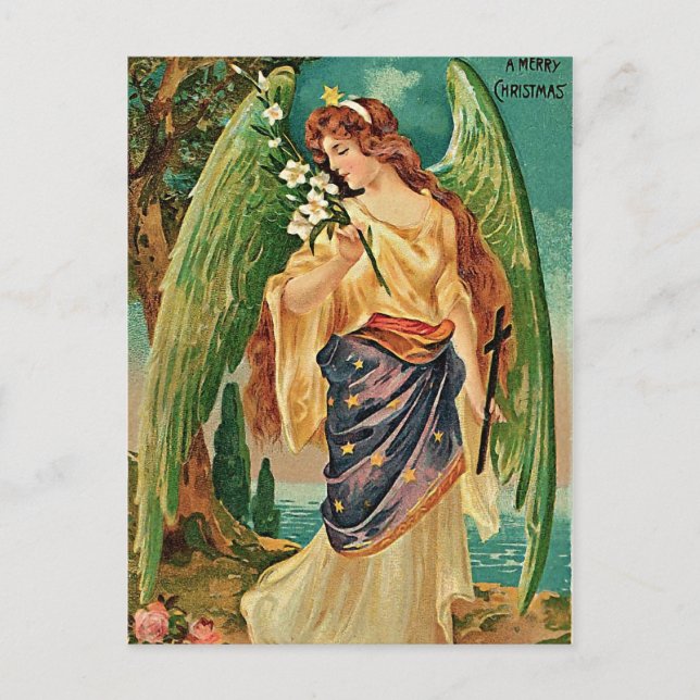 Angel som håller en blommigt gren vykort (Framsida)