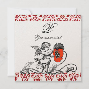 ÄNGEL SOM MÅLAR EN RÖD BLOMMA DAMAST MONOGRAM guld Inbjudningar