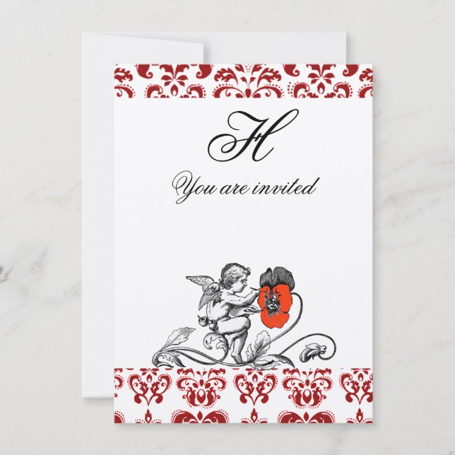 ÄNGEL SOM MÅLAR EN RÖD BLOMMA DAMAST MONOGRAM guld Inbjudningar (Framsida)
