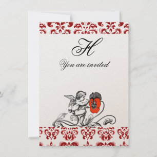 ÄNGEL SOM MÅLAR EN RÖD BLOMMA DAMAST MONOGRAM guld Inbjudningar