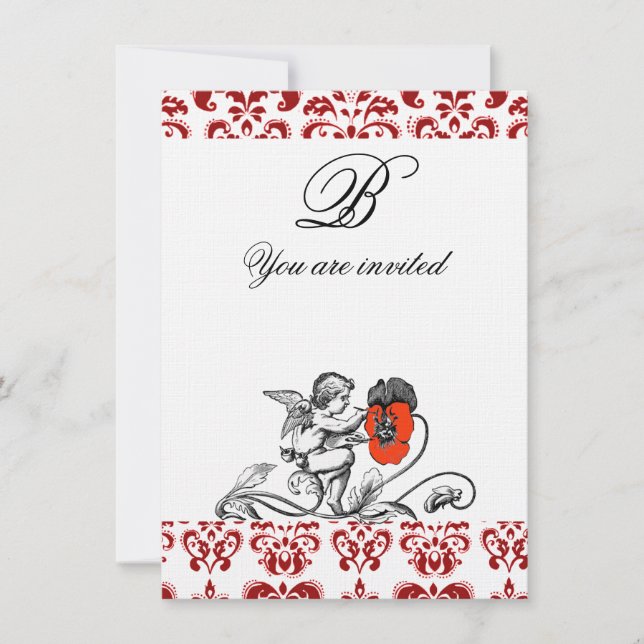 ÄNGEL SOM MÅLAR EN RÖD BLOMMA DAMAST MONOGRAM linn Inbjudningar (Framsida)