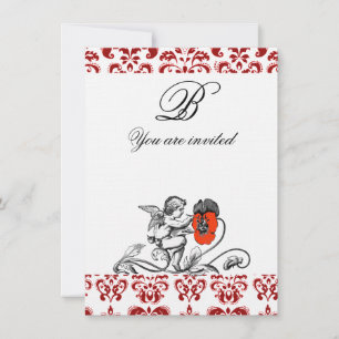 ÄNGEL SOM MÅLAR EN RÖD BLOMMA DAMAST MONOGRAM linn Inbjudningar