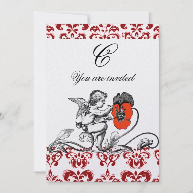 ÄNGEL SOM MÅLAR EN RÖD BLOMMA DAMAST MONOGRAM Pärl Inbjudningar (Framsida)