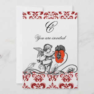 ÄNGEL SOM MÅLAR EN RÖD BLOMMA DAMAST MONOGRAM Pärl Inbjudningar