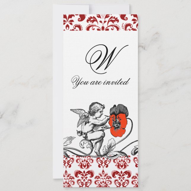 ÄNGEL SOM MÅLAR EN RÖD BLOMMA DAMASTSK MONOGRAM li Inbjudningar (Framsida)