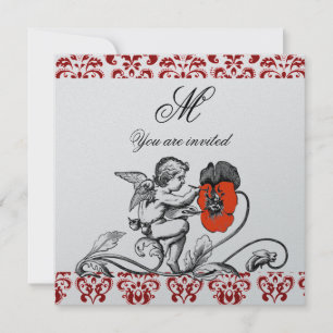 ÄNGEL SOM MÅLAR EN RÖD BLOMMA DAMASTSK MONOGRAM Si Inbjudningar