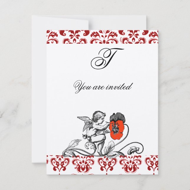 ÄNGEL SOM MÅLAR EN RÖD BLOMMA DAMASTSK MONOGRAM Si Inbjudningar (Framsida)