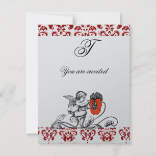 ÄNGEL SOM MÅLAR EN RÖD BLOMMA DAMASTSK MONOGRAM Si Inbjudningar