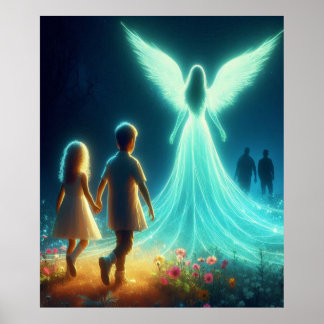 Ängel som skyddar två små barn i natten poster
