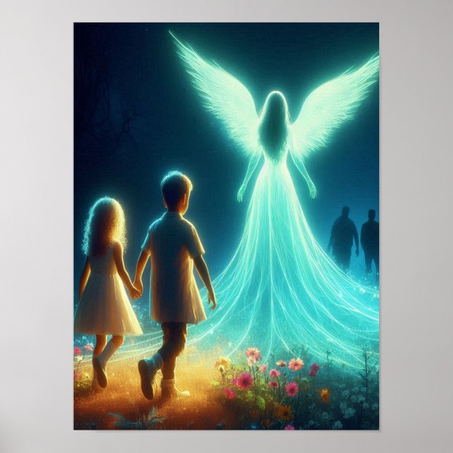 Ängel som skyddar två små barn i natten poster (Framsidan)